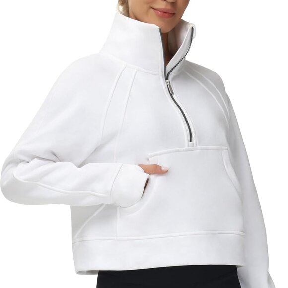 White Women's XL Fleece Half-Zip Pullover with Kangaroo Pockets & Thumb Holes - Picture 1 of 8